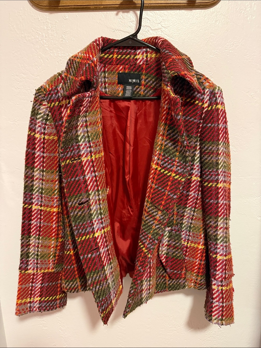Mixit Red Multi Plaid Double-Breasted Pea Coat - Picture 5 of 5